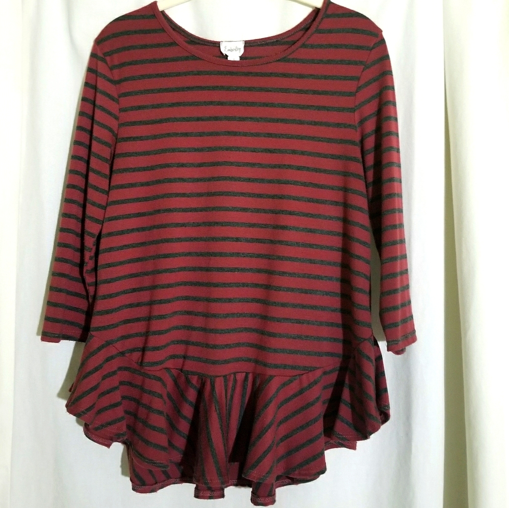 Burgundy & Gray Striped 3/4 Sleeve Ruffle Top S